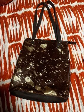Brown Haircalf Tote with Gold Splatter